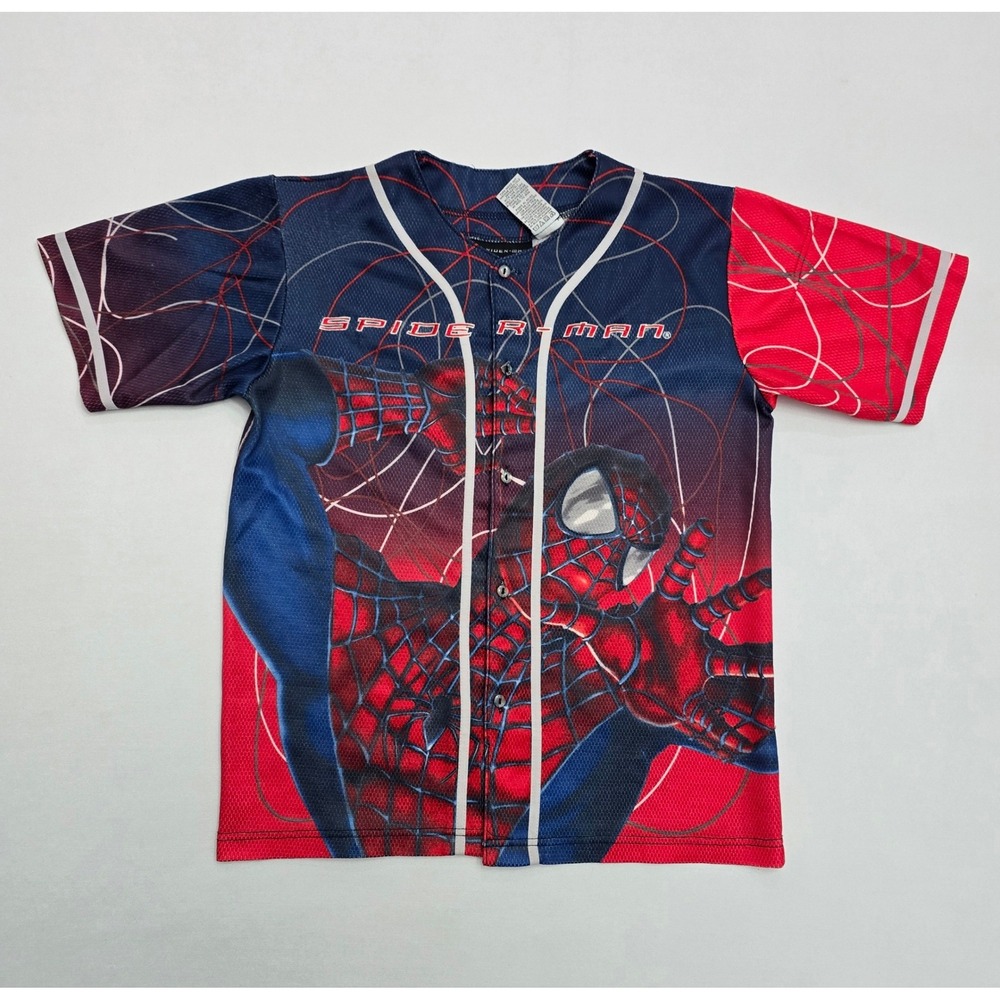 Spider-Man Kids Baseball Jersey VTG Size 14/16 Red Blue Mesh Button Front Shirt